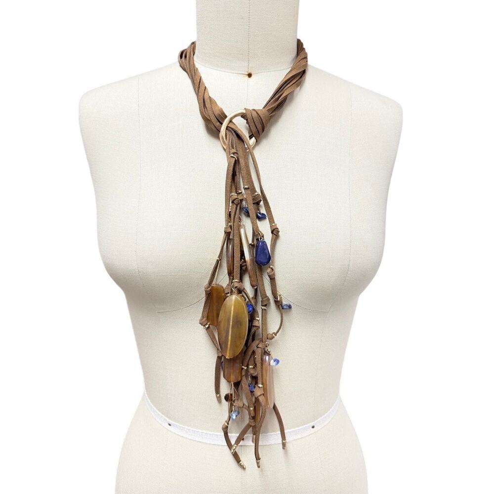 Chico’s Boho Multi-Strand Suede Necklace Gold Tone Stone Beads Statement